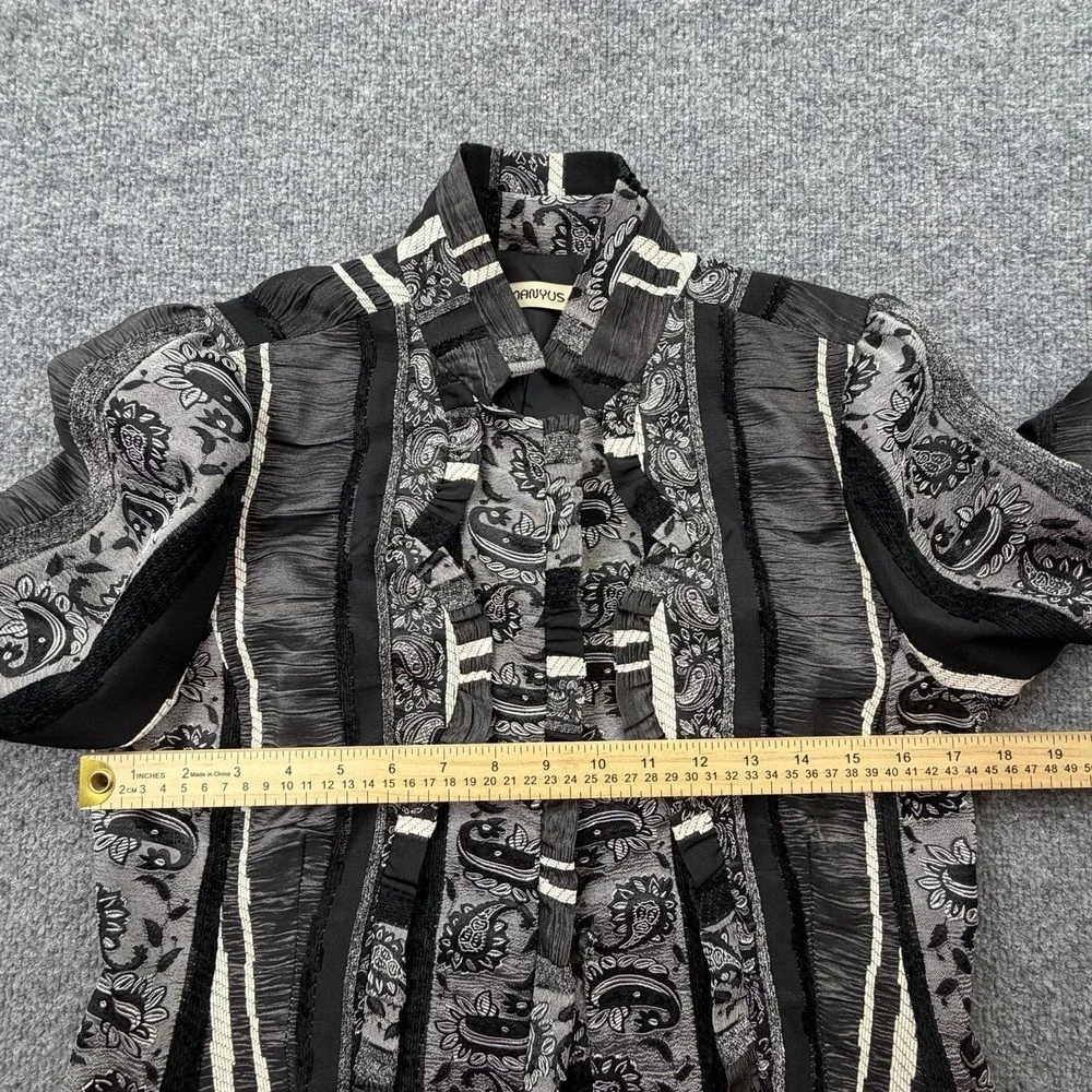 Manius Silk Jacket Paisley Ruffle Trim Open Front Cropped S M‎